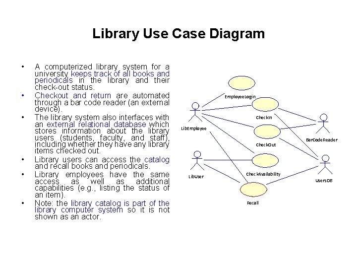 Library Use Case Diagram • • • A computerized library system for a university