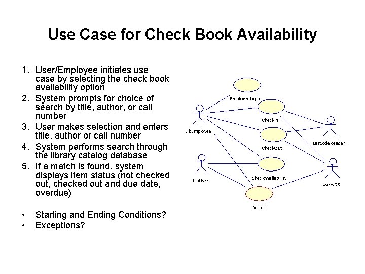Use Case for Check Book Availability 1. User/Employee initiates use case by selecting the
