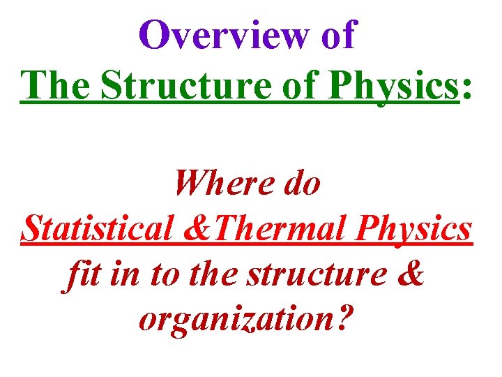 Overview of The Structure of Physics: Where do Statistical &Thermal Physics fit in to