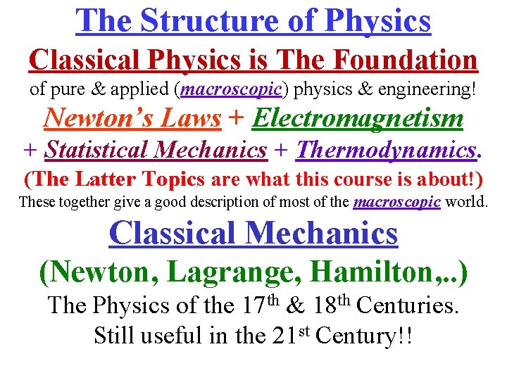 The Structure of Physics Classical Physics is The Foundation of pure & applied (macroscopic)