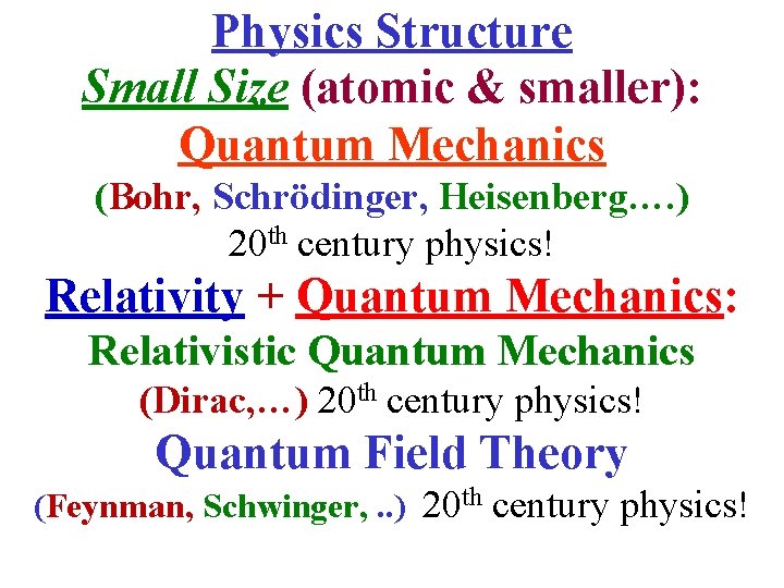 Physics Structure Small Size (atomic & smaller): Quantum Mechanics (Bohr, Schrödinger, Heisenberg…. ) 20