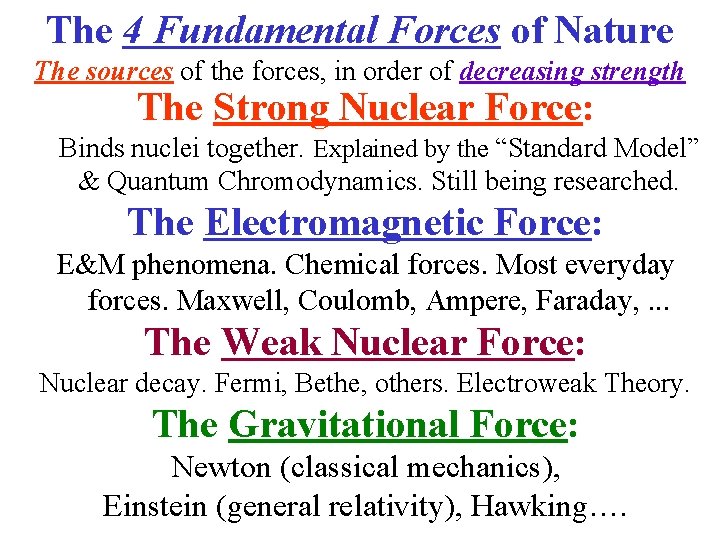 The 4 Fundamental Forces of Nature The sources of the forces, in order of