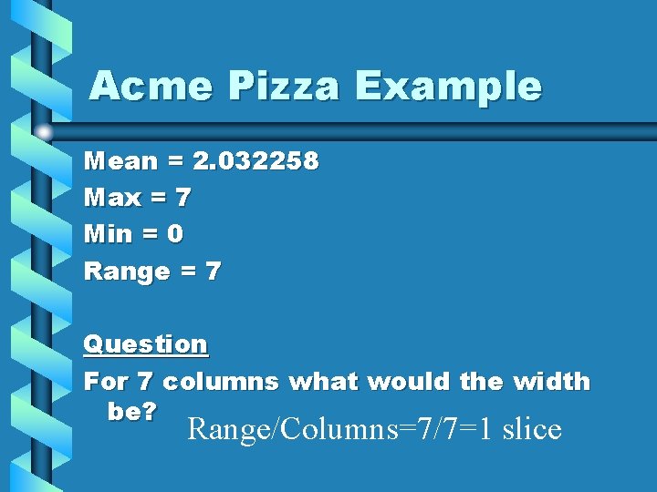 Acme Pizza Example Mean = 2. 032258 Max = 7 Min = 0 Range