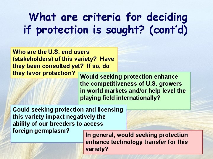 What are criteria for deciding if protection is sought? (cont’d) Who are the U.
