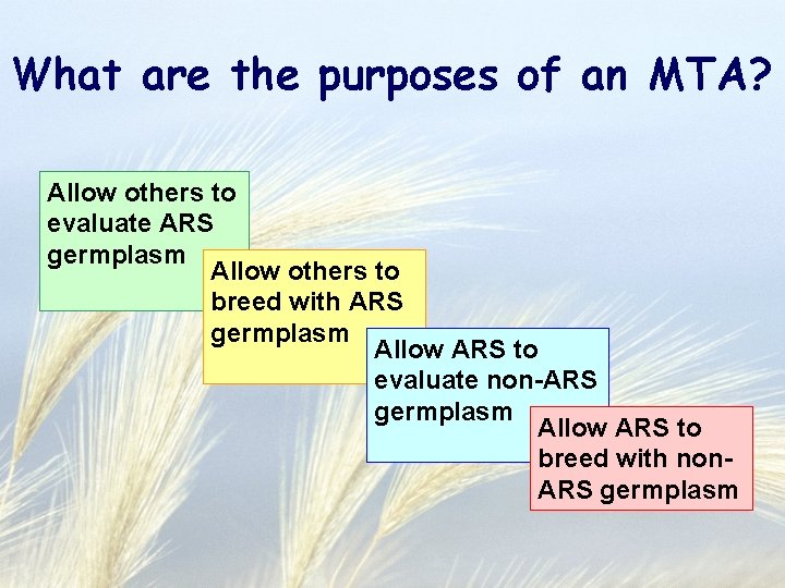 What are the purposes of an MTA? Allow others to evaluate ARS germplasm Allow
