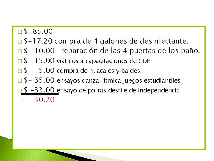 �$ 85. 00 � $-17. 20 compra de 4 galones de desinfectante. � $-