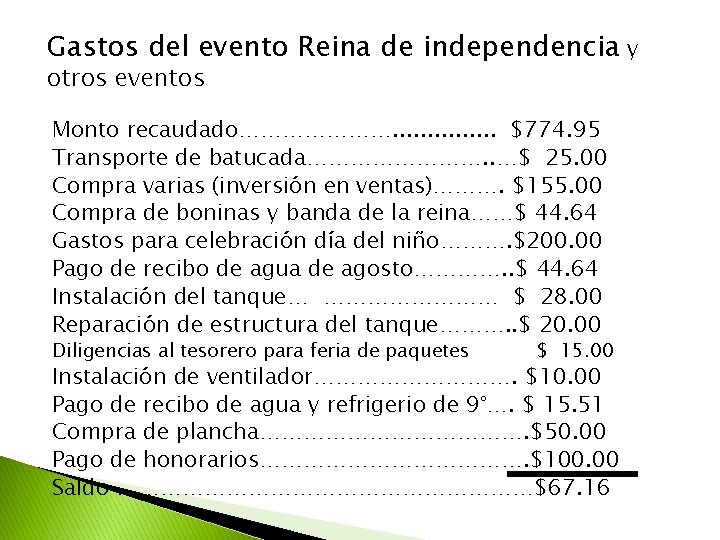 Gastos del evento Reina de independencia y otros eventos Monto recaudado…………………. . . .