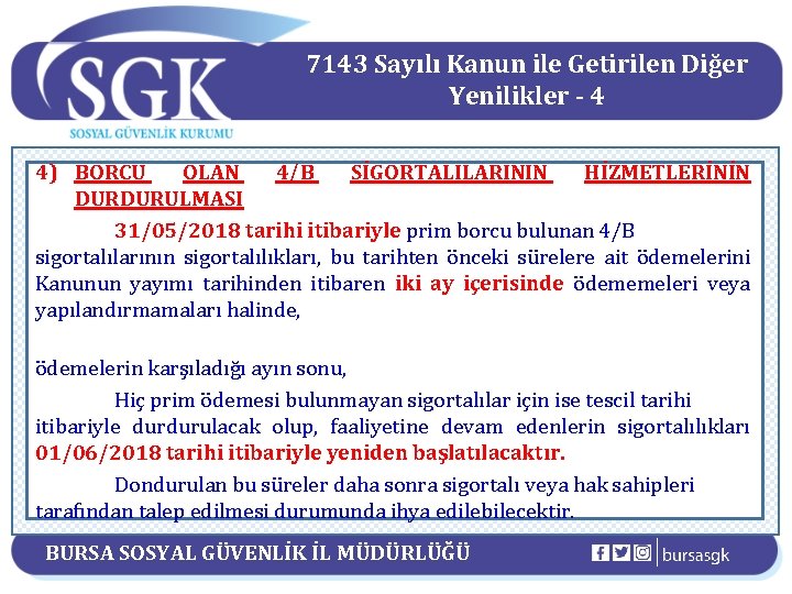 7143 Sayılı Kanun ile Getirilen Diğer Yenilikler - 4 4) BORCU OLAN 4/B SİGORTALILARININ