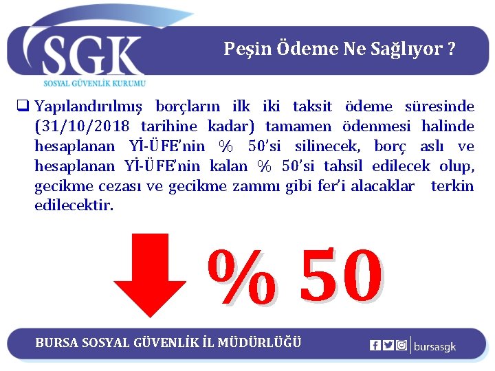 Peşin Ödeme Ne Sağlıyor ? q Yapılandırılmış borçların ilk iki taksit ödeme süresinde (31/10/2018