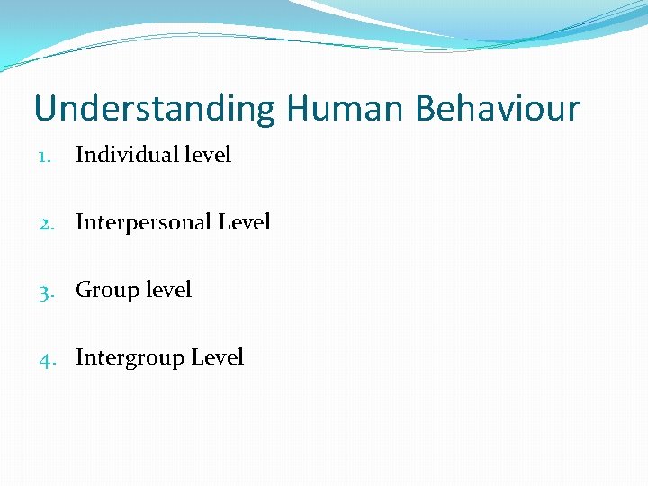 Understanding Human Behaviour 1. Individual level 2. Interpersonal Level 3. Group level 4. Intergroup