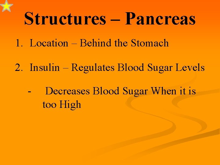 Structures – Pancreas 1. Location – Behind the Stomach 2. Insulin – Regulates Blood