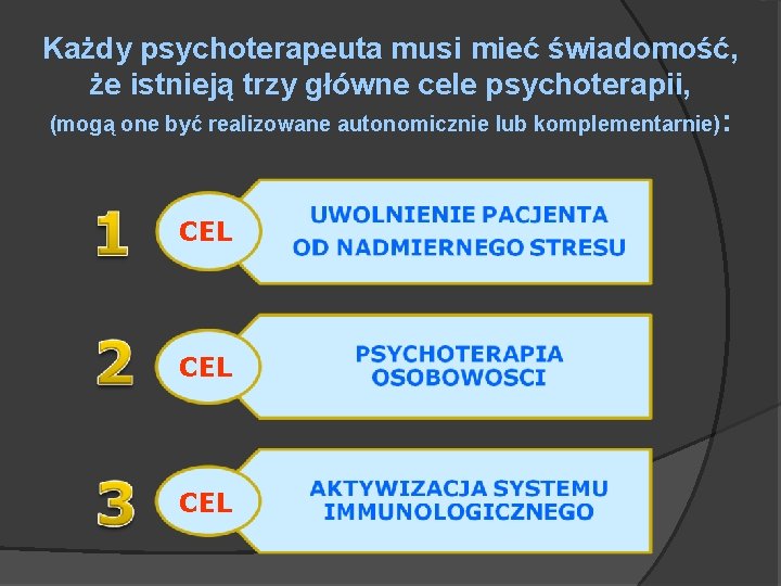 Każdy psychoterapeuta musi mieć świadomość, że istnieją trzy główne cele psychoterapii, (mogą one być