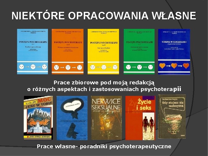 NIEKTÓRE OPRACOWANIA WŁASNE Prace zbiorowe pod moją redakcją o różnych aspektach i zastosowaniach psychoterapii