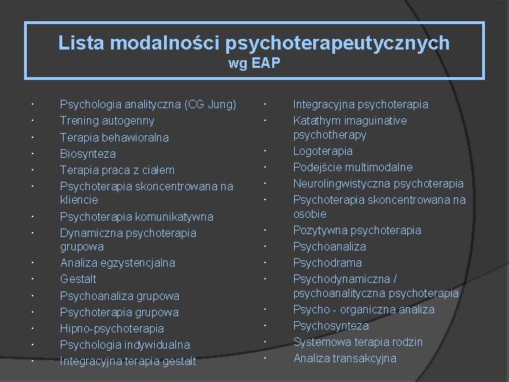 Lista modalności psychoterapeutycznych wg EAP Psychologia analityczna (CG Jung) Trening autogenny Terapia behawioralna Biosynteza