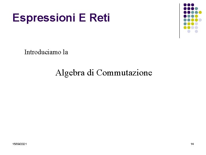 Espressioni E Reti Introduciamo la Algebra di Commutazione 15/09/2021 14 