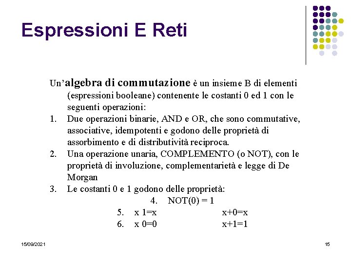 Espressioni E Reti Un’algebra di commutazione è un insieme B di elementi (espressioni booleane)