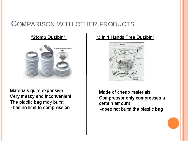 COMPARISON WITH OTHER PRODUCTS “Stomp Dustbin” Materials quite expensive Very messy and inconvenient The