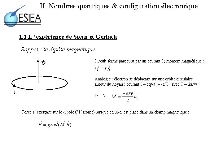 II. Nombres quantiques & configuration électronique 1. 1 L ’expérience de Stern et Gerlach