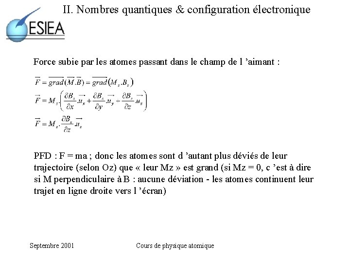 II. Nombres quantiques & configuration électronique Force subie par les atomes passant dans le