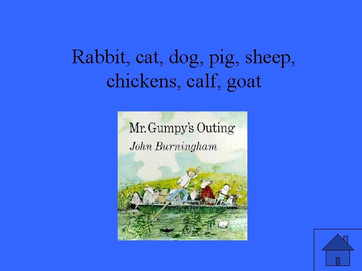 Rabbit, cat, dog, pig, sheep, chickens, calf, goat 