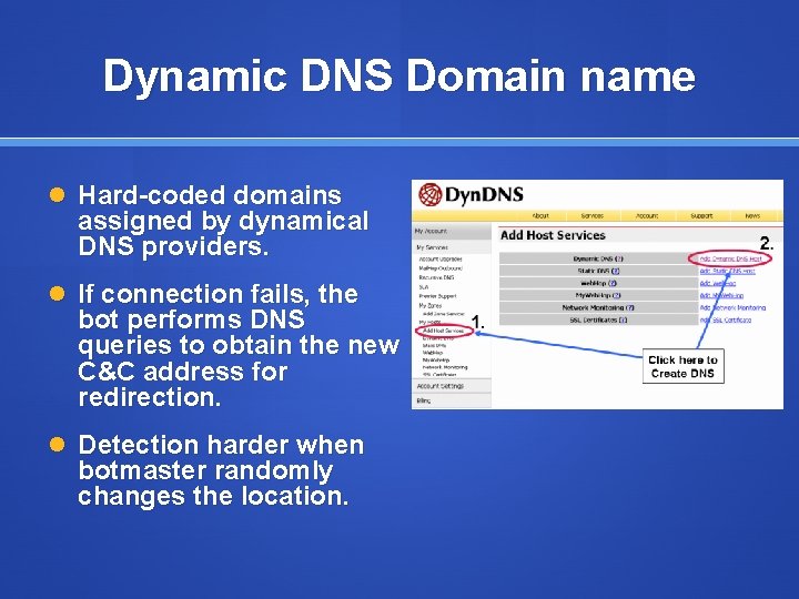 Dynamic DNS Domain name Hard-coded domains assigned by dynamical DNS providers. If connection fails,