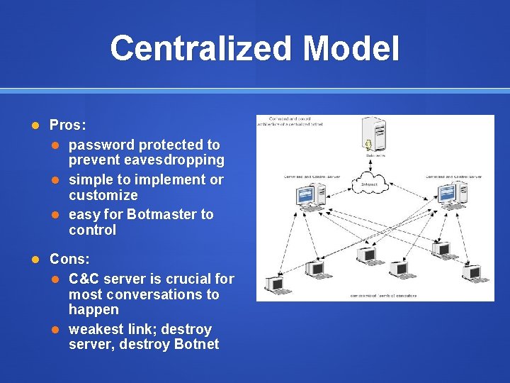 Centralized Model Pros: password protected to prevent eavesdropping simple to implement or customize easy