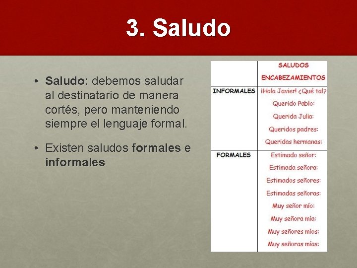 3. Saludo • Saludo: debemos saludar al destinatario de manera cortés, pero manteniendo siempre
