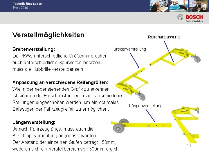 Verstellmöglichkeiten Breitenverstellung: Da PKWs unterschiedliche Größen und daher auch unterschiedliche Spurweiten besitzen, muss die