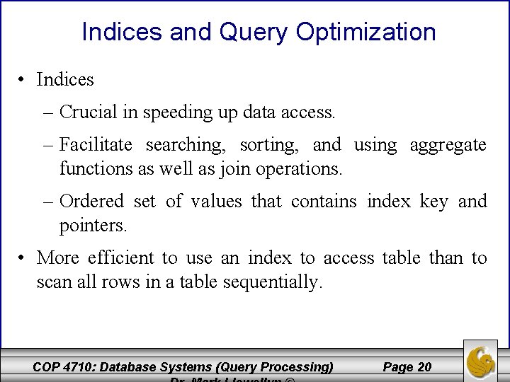 Indices and Query Optimization • Indices – Crucial in speeding up data access. –