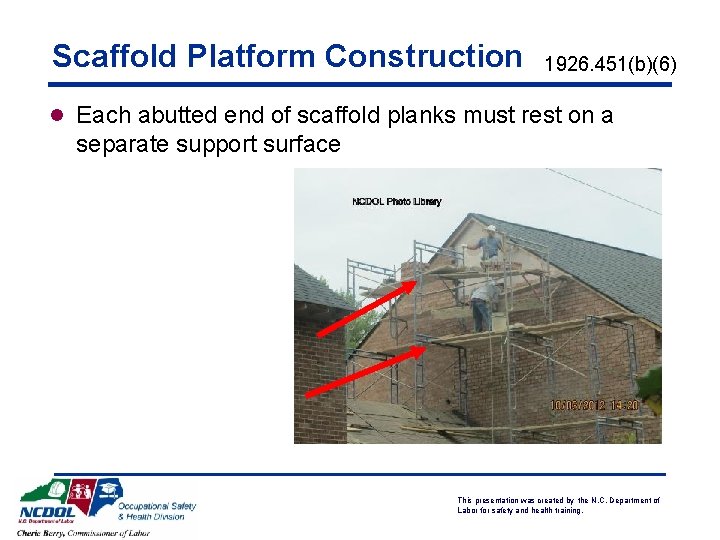 Scaffold Platform Construction 1926. 451(b)(6) l Each abutted end of scaffold planks must rest