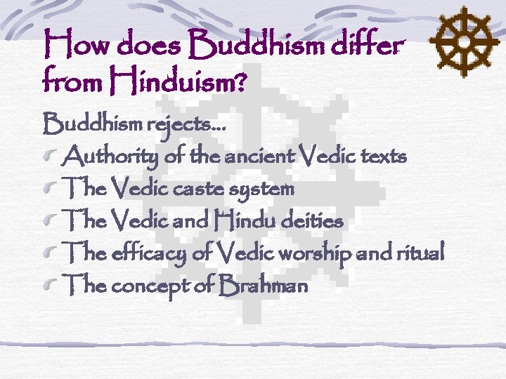 How does Buddhism differ from Hinduism? Buddhism rejects… Authority of the ancient Vedic texts