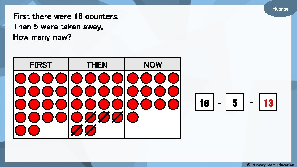 Fluency First there were 18 counters. Then 5 were taken away. How many now?
