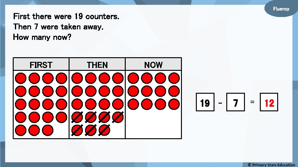 Fluency First there were 19 counters. Then 7 were taken away. How many now?