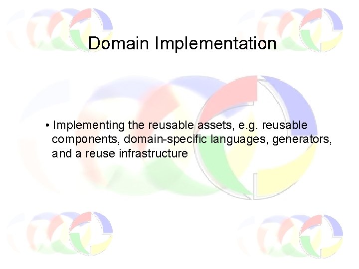 Domain Implementation • Implementing the reusable assets, e. g. reusable components, domain-specific languages, generators,
