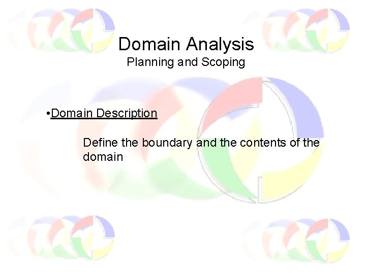 Domain Analysis Planning and Scoping • Domain Description Define the boundary and the contents