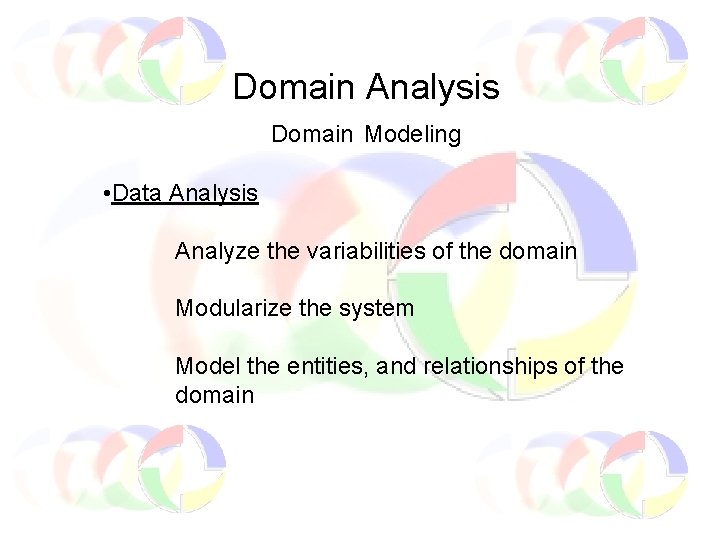 Domain Analysis Domain Modeling • Data Analysis Analyze the variabilities of the domain Modularize