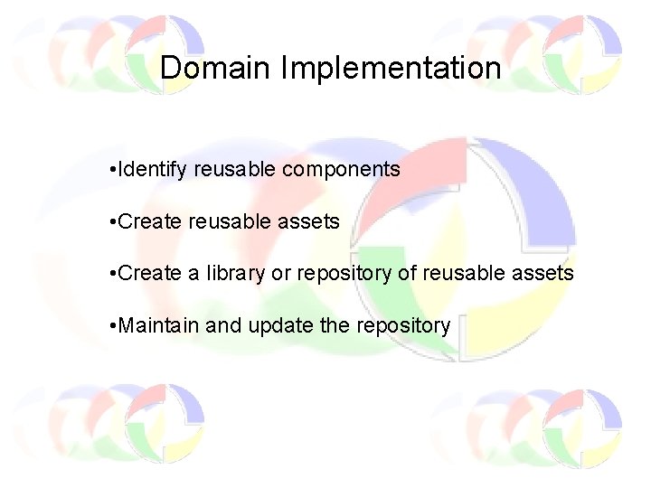 Domain Implementation • Identify reusable components • Create reusable assets • Create a library
