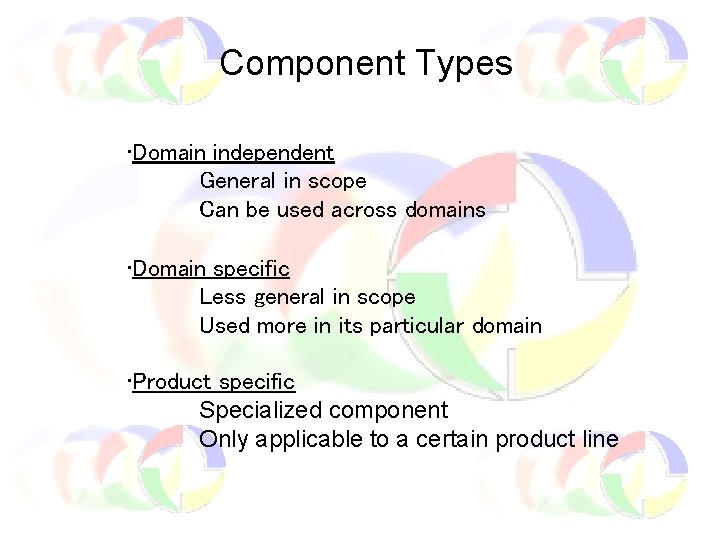 Component Types • Domain independent General in scope Can be used across domains •