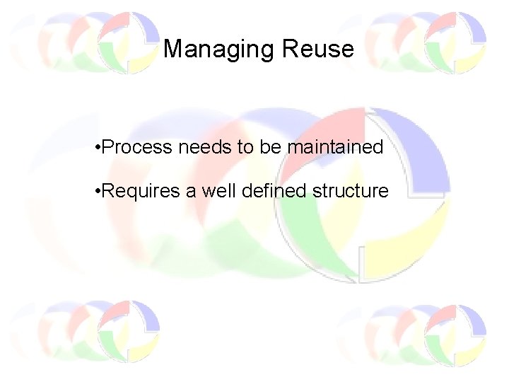 Managing Reuse • Process needs to be maintained • Requires a well defined structure