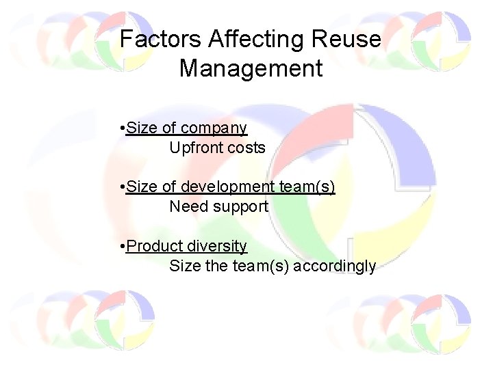 Factors Affecting Reuse Management • Size of company Upfront costs • Size of development