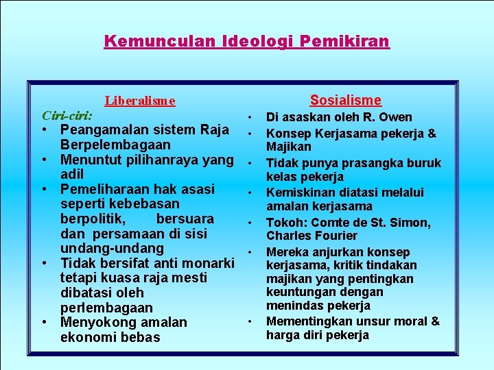 Kemunculan Ideologi Pemikiran Sosialisme Liberalisme Ciri-ciri: • Peangamalan sistem Raja Berpelembagaan • Menuntut pilihanraya