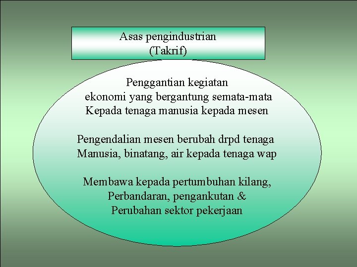 Asas pengindustrian (Takrif) Penggantian kegiatan ekonomi yang bergantung semata-mata Kepada tenaga manusia kepada mesen