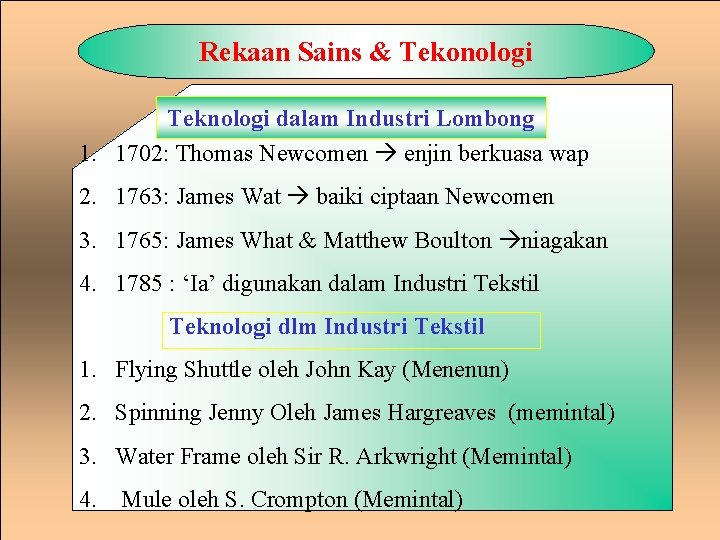 Rekaan Sains & Tekonologi Teknologi dalam Industri Lombong 1. 1702: Thomas Newcomen enjin berkuasa