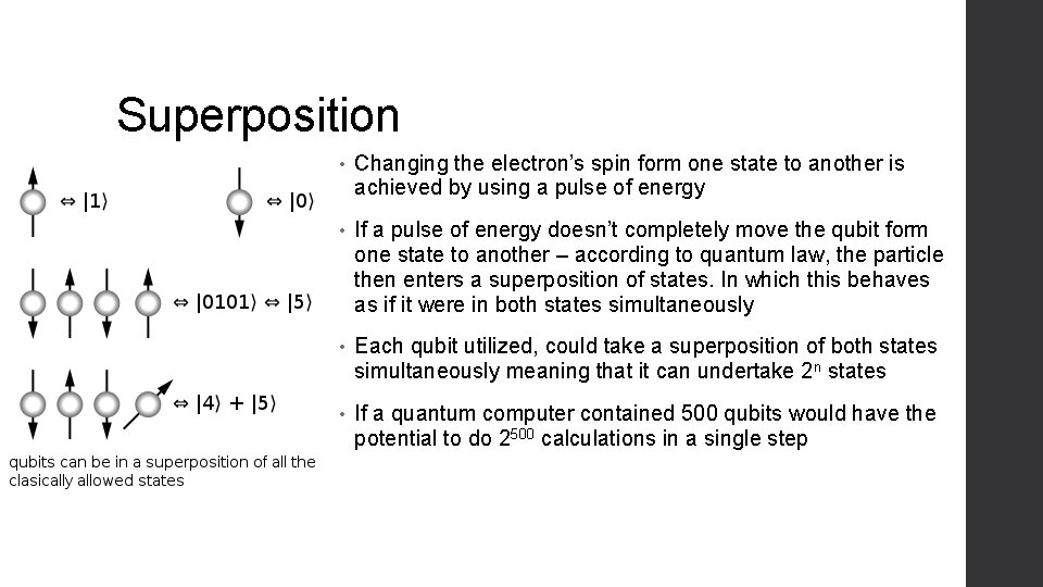 Superposition • Changing the electron’s spin form one state to another is achieved by