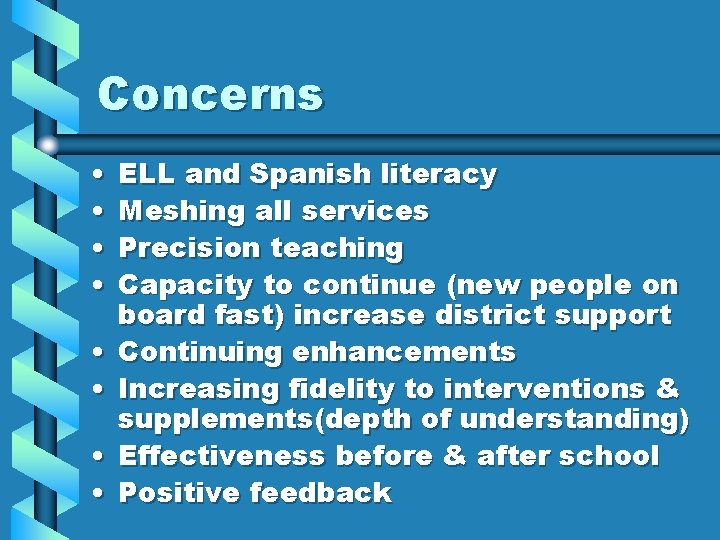 Concerns • • ELL and Spanish literacy Meshing all services Precision teaching Capacity to