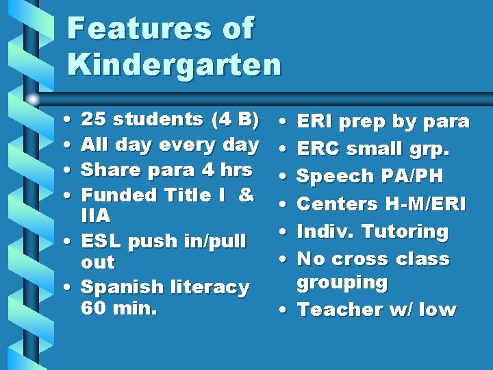 Features of Kindergarten • • 25 students (4 B) All day every day Share