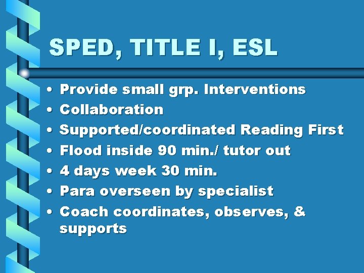 SPED, TITLE I, ESL • • Provide small grp. Interventions Collaboration Supported/coordinated Reading First