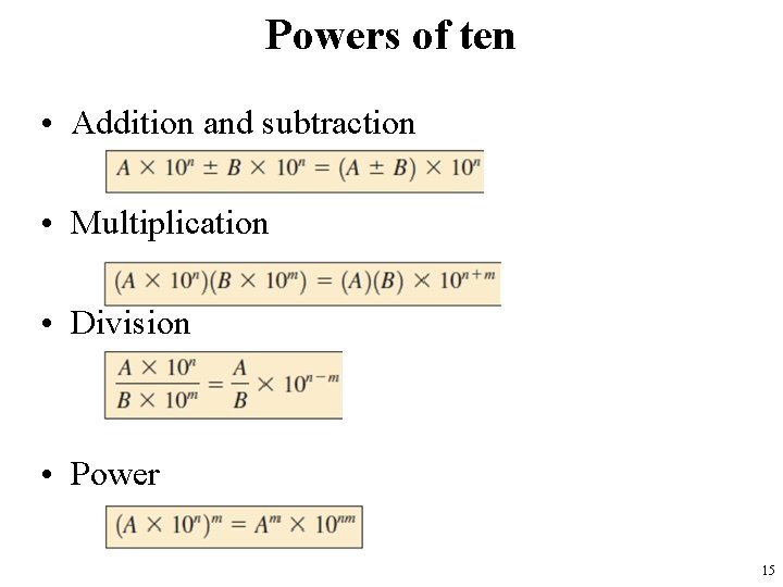 Powers of ten • Addition and subtraction • Multiplication • Division • Power 15