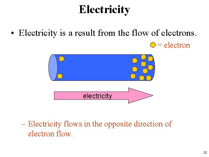 Electricity • Electricity is a result from the flow of electrons. = electron electricity