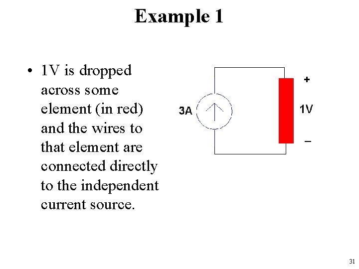 Example 1 • 1 V is dropped across some element (in red) and the